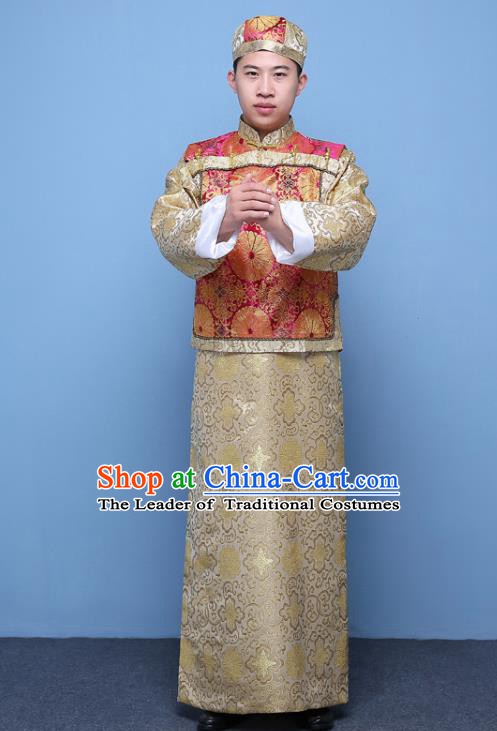 Traditional Ancient Chinese Qing Dynasty Prince Costume, China Manchu Nobility Childe Embroidered Rosy Mandarin Jacket Clothing for Men