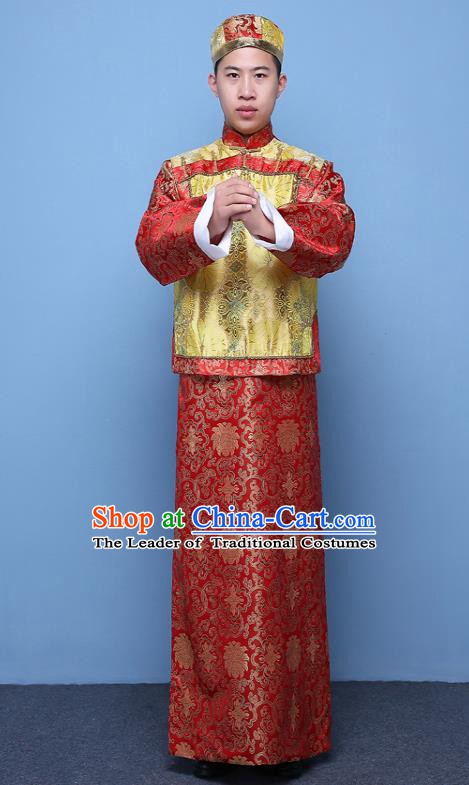 Traditional Ancient Chinese Qing Dynasty Prince Costume, China Manchu Nobility Childe Yellow Mandarin Jacket Clothing for Men