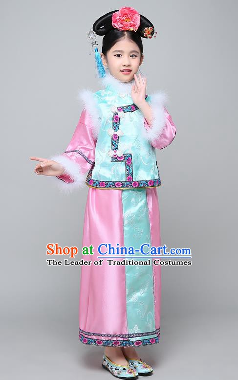 Traditional Ancient Chinese Qing Dynasty Manchu Lady Blue Costume, Chinese Mandarin Princess Embroidered Clothing for Kids