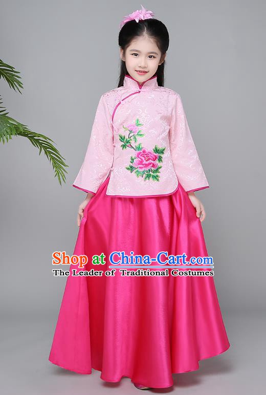 Traditional Chinese Republic of China Children Clothing, China National Embroidered Pink Cheongsam Blouse and Skirt for Kids