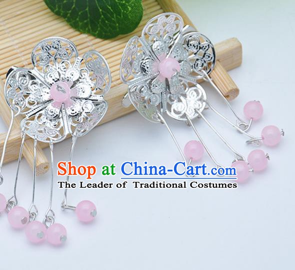 Traditional Chinese Handmade Hair Accessories Hairpins Hanfu Pink Beads Tassel Hair Claw for Kids