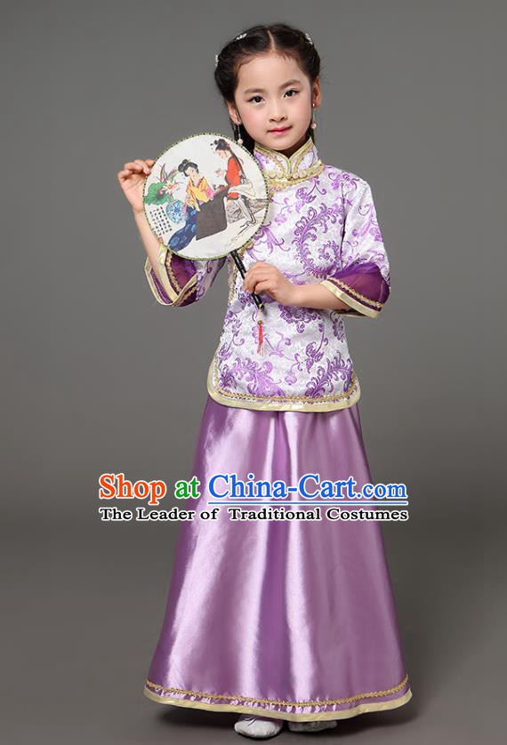 Traditional Chinese Republic of China Children Xiuhe Suit Clothing, China National Embroidered Purple Cheongsam Blouse and Skirt for Kids