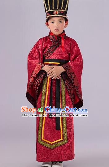 Traditional Chinese Han Dynasty Prime Minister Red Costume, China Ancient Chancellor Hanfu Clothing for Kids