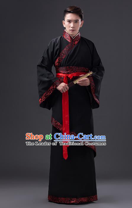 Traditional Chinese Han Dynasty Prime Minister Costume, China Ancient Chancellor Hanfu Black Clothing for Men