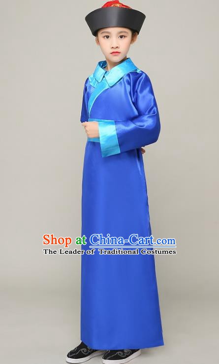 Traditional Chinese Qing Dynasty Court Eunuch Costume, China Manchu Imperial Bodyguard Blue Mandarin Robe for Kids