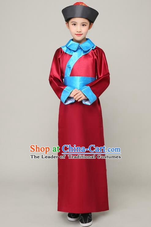 Traditional Chinese Qing Dynasty Court Eunuch Costume, China Manchu Imperial Bodyguard Red Mandarin Robe for Kids