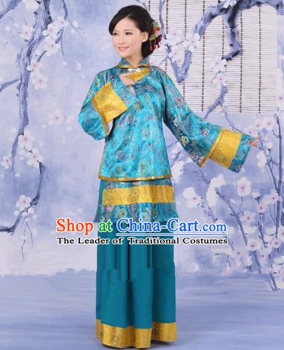 Traditional Chinese Republic of China Nobility Fairlady Costume, China Ancient Blue Xiuhe Suit Embroidered Clothing for Women