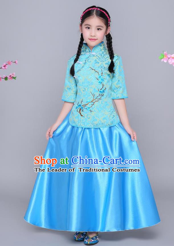 Traditional Chinese Republic of China Children Clothing, China National Embroidered Wintersweet Blue Blouse and Skirt for Kids