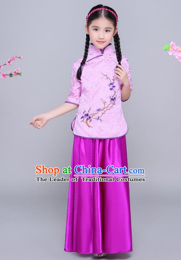 Traditional Chinese Republic of China Children Clothing, China National Embroidered Wintersweet Purple Blouse and Skirt for Kids