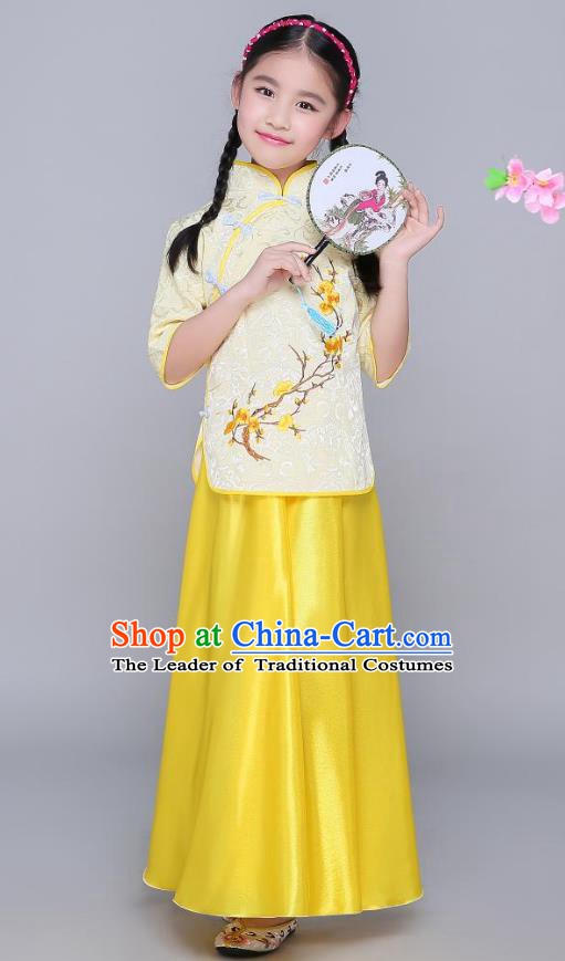 Traditional Chinese Republic of China Children Clothing, China National Embroidered Wintersweet Yellow Blouse and Skirt for Kids