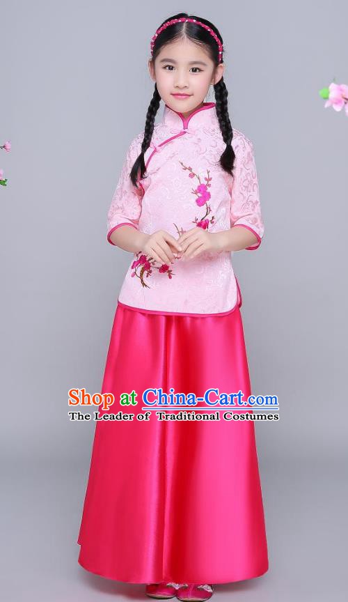 Traditional Chinese Republic of China Children Clothing, China National Embroidered Wintersweet Pink Blouse and Skirt for Kids