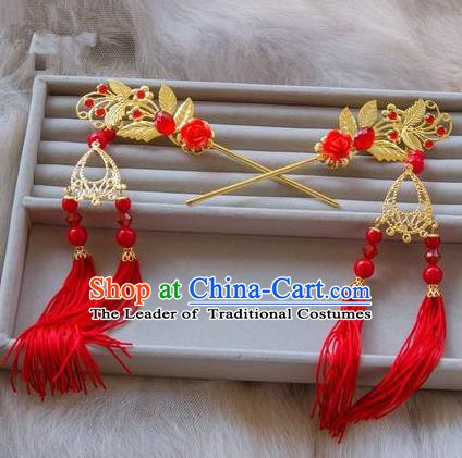 Traditional Handmade Chinese Ancient Classical Hair Accessories Hanfu Hairpins Red Tassel Step Shake for Kids