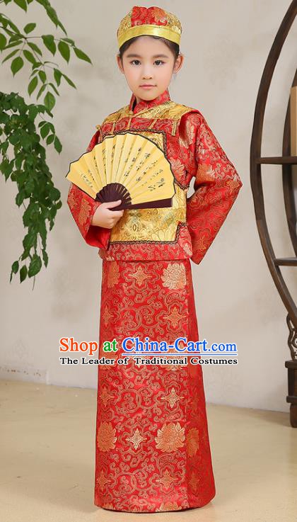 Traditional Chinese Qing Dynasty Nobility Childe Costume Yellow Mandarin Jacket, China Manchu Prince Embroidered Clothing for Kids