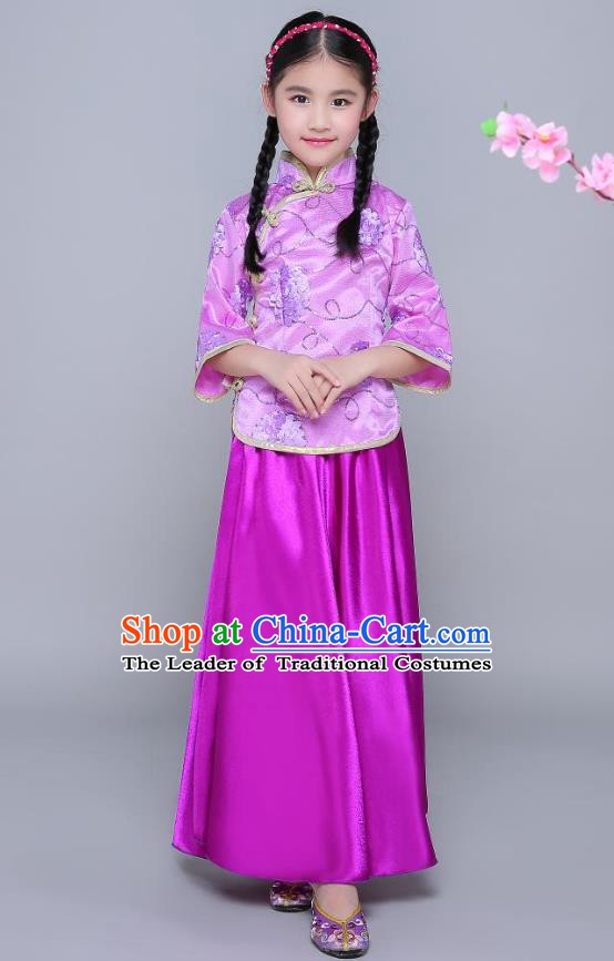 Traditional Chinese Republic of China Nobility Lady Clothing, China National Embroidered Purple Blouse and Skirt for Kids