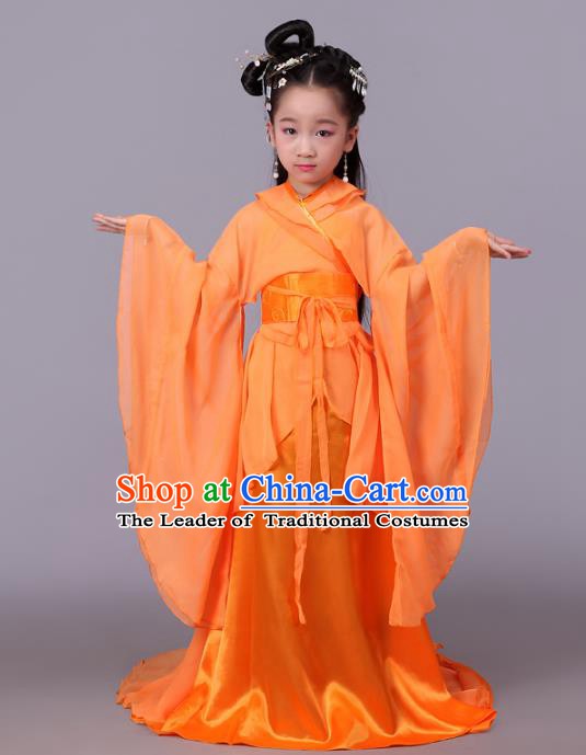 Traditional Chinese Tang Dynasty Palace Lady Orange Costume, China Ancient Imperial Consort Hanfu Trailing Dress Clothing for Kids