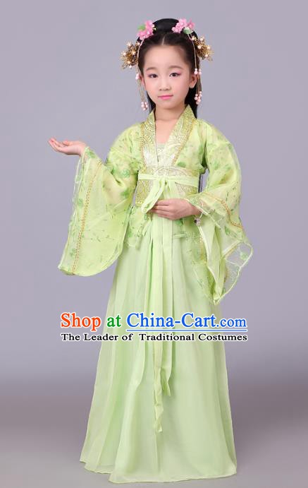 Traditional Chinese Tang Dynasty Palace Lady Costume, China Ancient Princess Hanfu Green Dress Clothing for Kids