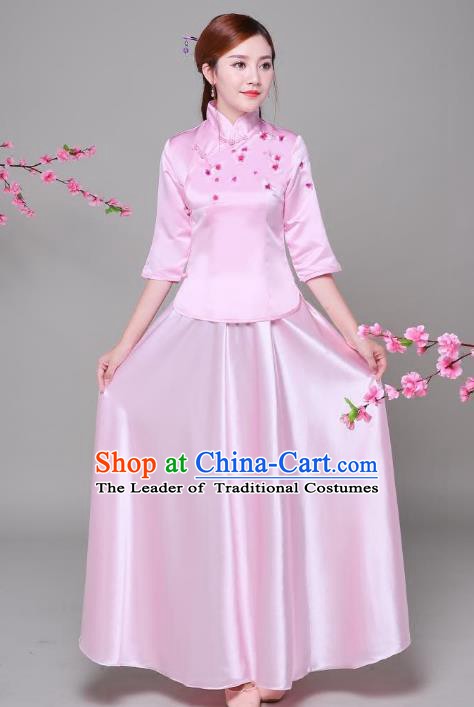 Traditional Chinese Republic of China Nobility Lady Clothing, China National Embroidered Pink Qipao Blouse and Skirt for Women