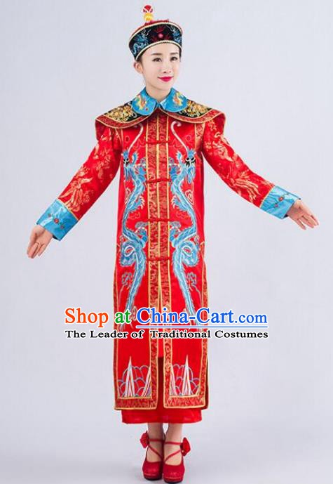 Traditional Ancient Chinese Qing Dynasty Empress Costume, China Manchu Palace Queen Embroidered Red Clothing for Women