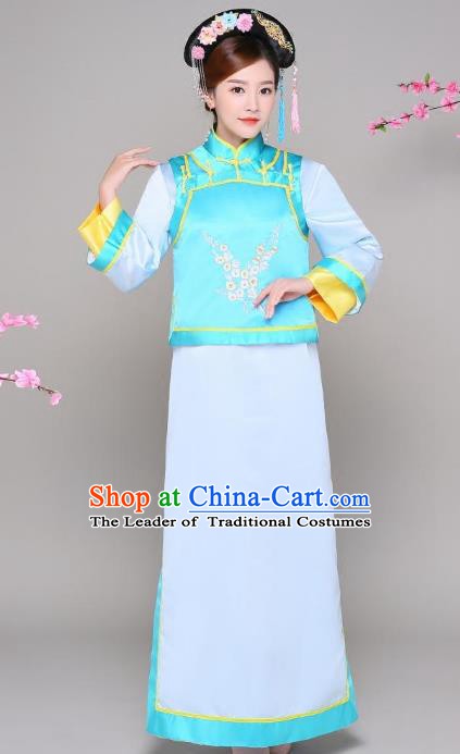 Traditional Chinese Qing Dynasty Manchu Princess Blue Costume, China Ancient Palace Lady Embroidered Clothing for Women