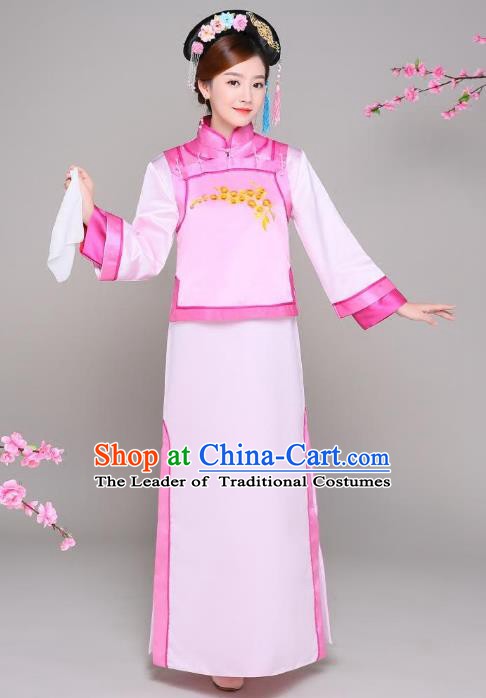 Traditional Chinese Qing Dynasty Manchu Princess Pink Costume, China Ancient Palace Lady Embroidered Clothing for Women