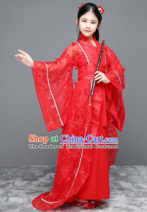 Traditional Chinese Ancient Palace Fairy Costume, China Tang Dynasty Imperial Princess Red Trailing Dress Clothing for Kids