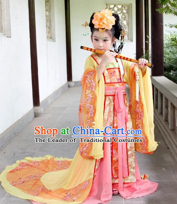 Traditional Ancient Chinese Imperial Consort Costume, China Tang Dynasty Palace Lady Trailing Embroidered Clothing for Kids