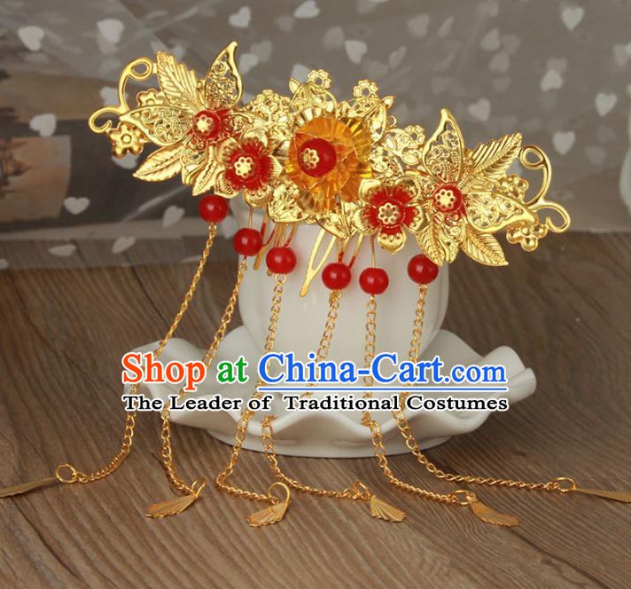 Traditional Handmade Chinese Classical Hair Accessories Hanfu Hairpins Golden Tassel Hair Comb for Women