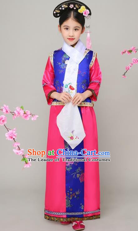 Traditional Chinese Qing Dynasty Court Princess Rosy Costume, China Manchu Palace Lady Embroidered Clothing for Kids