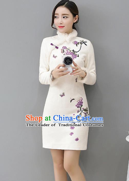 Traditional Chinese National Costume Hanfu White Embroidered Qipao Dress, China Tang Suit Cheongsam for Women