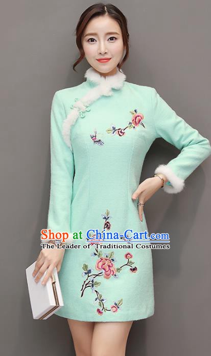 Traditional Chinese National Costume Hanfu Embroidered Butterfly Peony Green Qipao Dress, China Tang Suit Cheongsam for Women