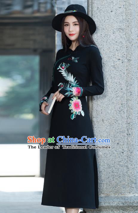 Traditional Chinese National Costume Hanfu Embroidered Peony Black Qipao, China Tang Suit Cheongsam Dress for Women