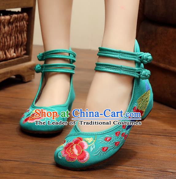 Asian Chinese National Embroidered Peony Phoenix Green Shoes, Traditional China Princess Shoes Hanfu Embroidery Shoes for Women