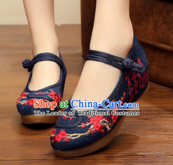 Asian Chinese National Black Linen Embroidered Shoes, Traditional China Princess Shoes Hanfu Embroidery Wintersweet Shoes for Women