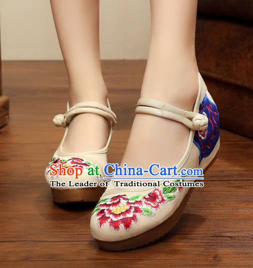 Traditional Chinese National White Linen Embroidered Shoes, China Princess Shoes Hanfu Embroidery Peony Shoes for Women