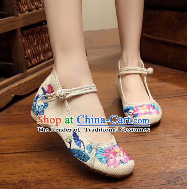 Traditional Chinese National White Linen Embroidered Shoes, China Princess Shoes Hanfu Embroidery Lotus Shoes for Women