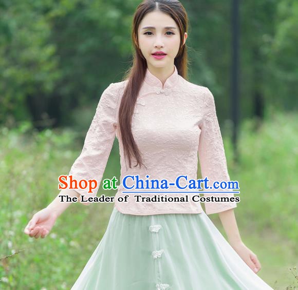 Traditional Chinese National Costume Hanfu Plated Buttons Pink Blouse, China Tang Suit Cheongsam Upper Outer Garment Shirt for Women