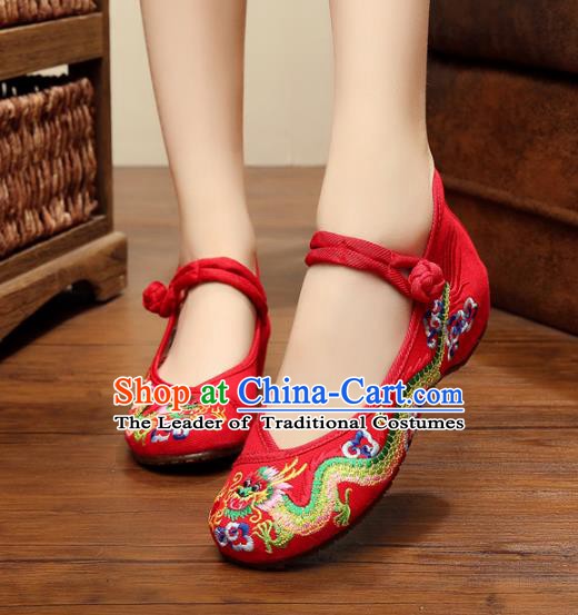 Traditional Chinese National Red Satin Embroidered Lotus Shoes, China Princess Shoes Hanfu Embroidery Dragons Shoes for Women