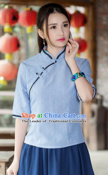 Traditional Chinese National Costume Hanfu Plated Buttons Blue Blouse, China Tang Suit Cheongsam Upper Outer Garment Shirt for Women