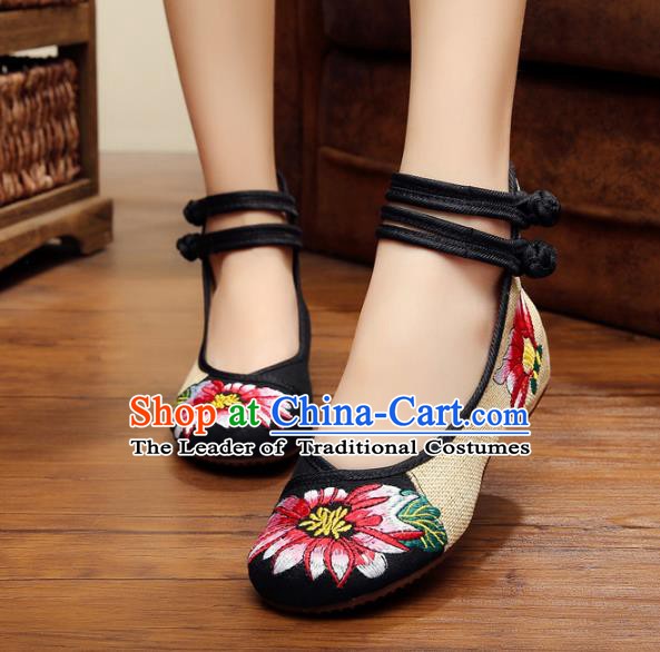 Traditional Chinese National Black Linen Embroidered Shoes, China Princess Shoes Hanfu Embroidery Flower Shoes for Women