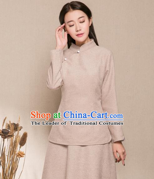 Traditional Chinese National Costume Hanfu Slant Opening Brown Blouse, China Tang Suit Cheongsam Upper Outer Garment Shirt for Women
