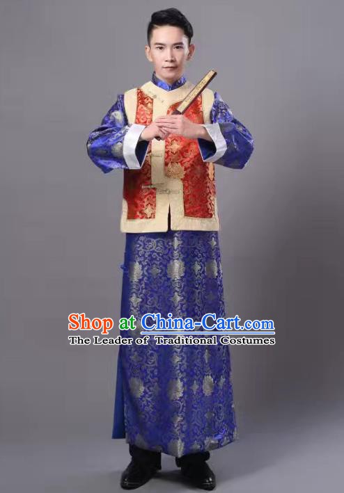 Traditional Chinese Ancient Royal Highness Costume, China Qing Dynasty Manchu Embroidered Robe and Mandarin Jacket for Men