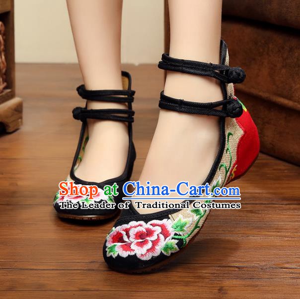 Traditional Chinese National Hanfu Linen Embroidered Peony Shoes, China Princess Shoes Embroidery Black Shoes for Women