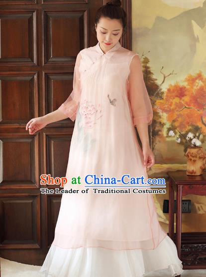 Traditional Chinese National Costume Hanfu Ink Painting Lotus Pink Qipao Dress, China Tang Suit Cheongsam for Women