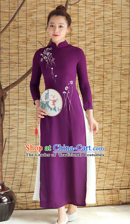 Traditional Chinese National Costume Hanfu Purple Qipao Dress, China Tang Suit Cheongsam for Women