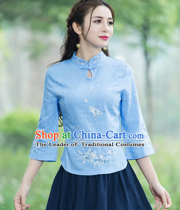 Traditional Chinese National Costume Hanfu Embroidery Blue Blouse, China Tang Suit Cheongsam Upper Outer Garment Shirt for Women