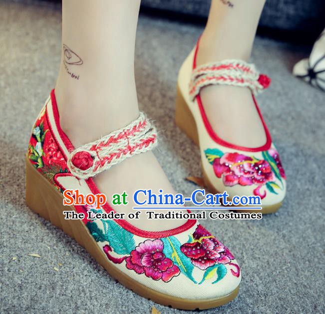 Traditional Chinese National Hanfu White Linen Embroidered Shoes, China Princess Embroidery Peony Shoes for Women