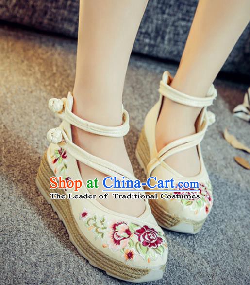 Traditional Chinese National Hanfu White Linen Embroidered Shoes, China Princess Embroidery Peony Shoes for Women