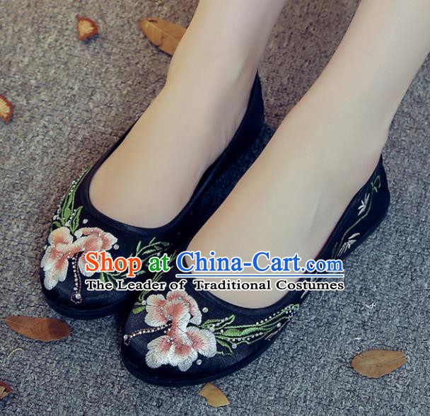 Traditional Chinese National Hanfu Black Satin Embroidered Shoes, China Princess Embroidery Shoes for Women