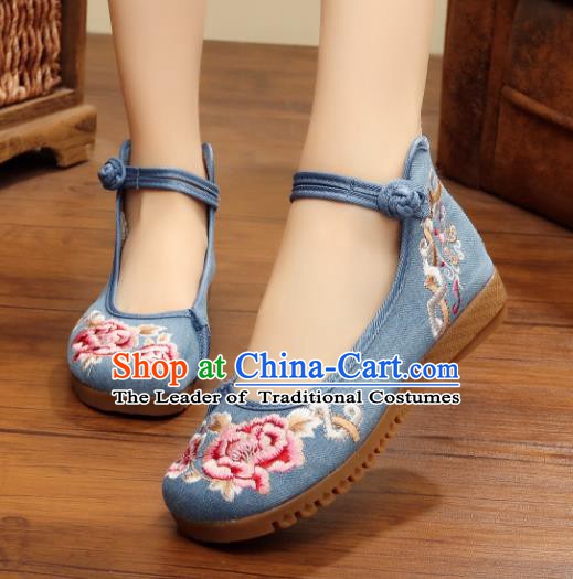 Traditional Chinese National Hanfu Linen Embroidered Shoes, China Princess Embroidery Peony Blue Shoes for Women