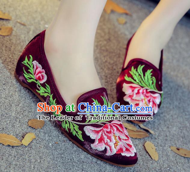 Traditional Chinese National Hanfu Embroidery Peony Shoes, China Princess Purple Embroidered Shoes for Women